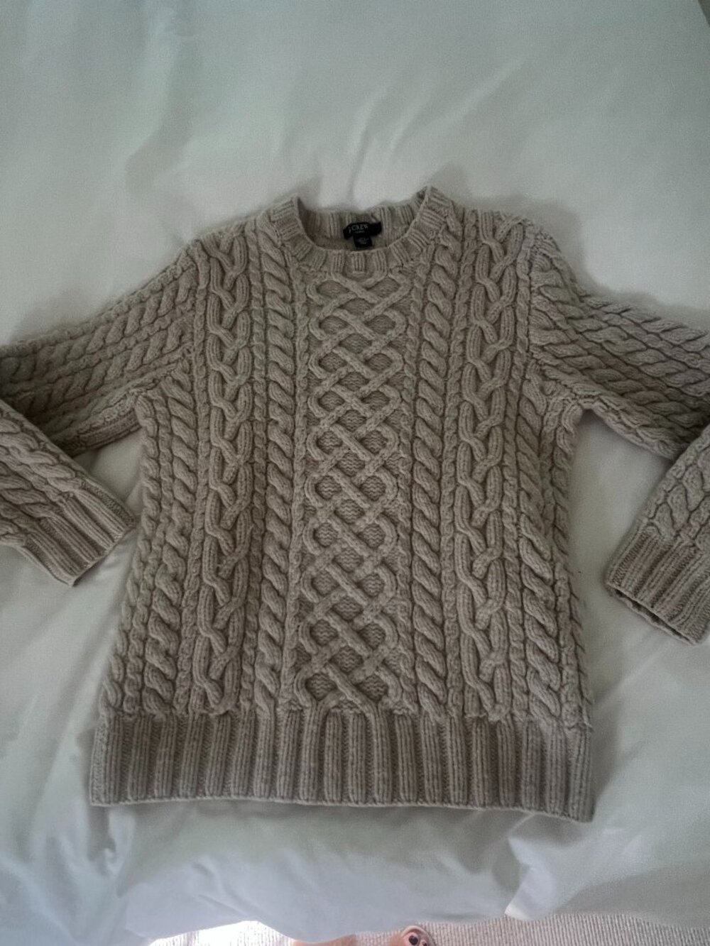 J.Crew Handknit Cable Sweater - Fits XS/S (Tag Says L, Shrunk) - Oatmeal Wool